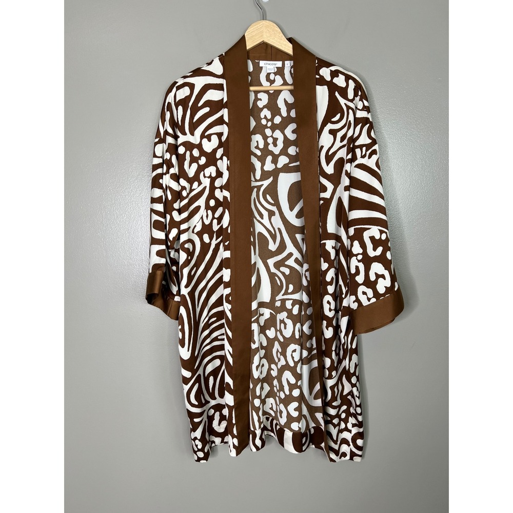 Chico's brown white kimono‎ satin large XL travel artsy resortwear festival